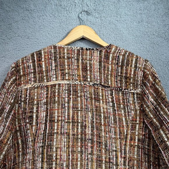 Chicos L-XL Size 3 Jacket nubby woven Tweed Brown Fringe designer style pockets - Picture 10 of 14